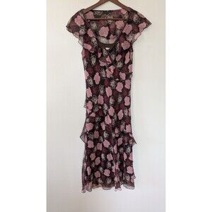 Jane Street Y2K Silk Midi Dress Sz 8 Floral Ruffle Brown Pink Feminine Flowy NWT